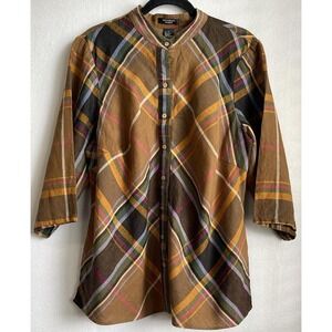 Autograph Shirt Women 1X‎ Multicolor Checkered Round Neck  3/4 Sleeves Buttons